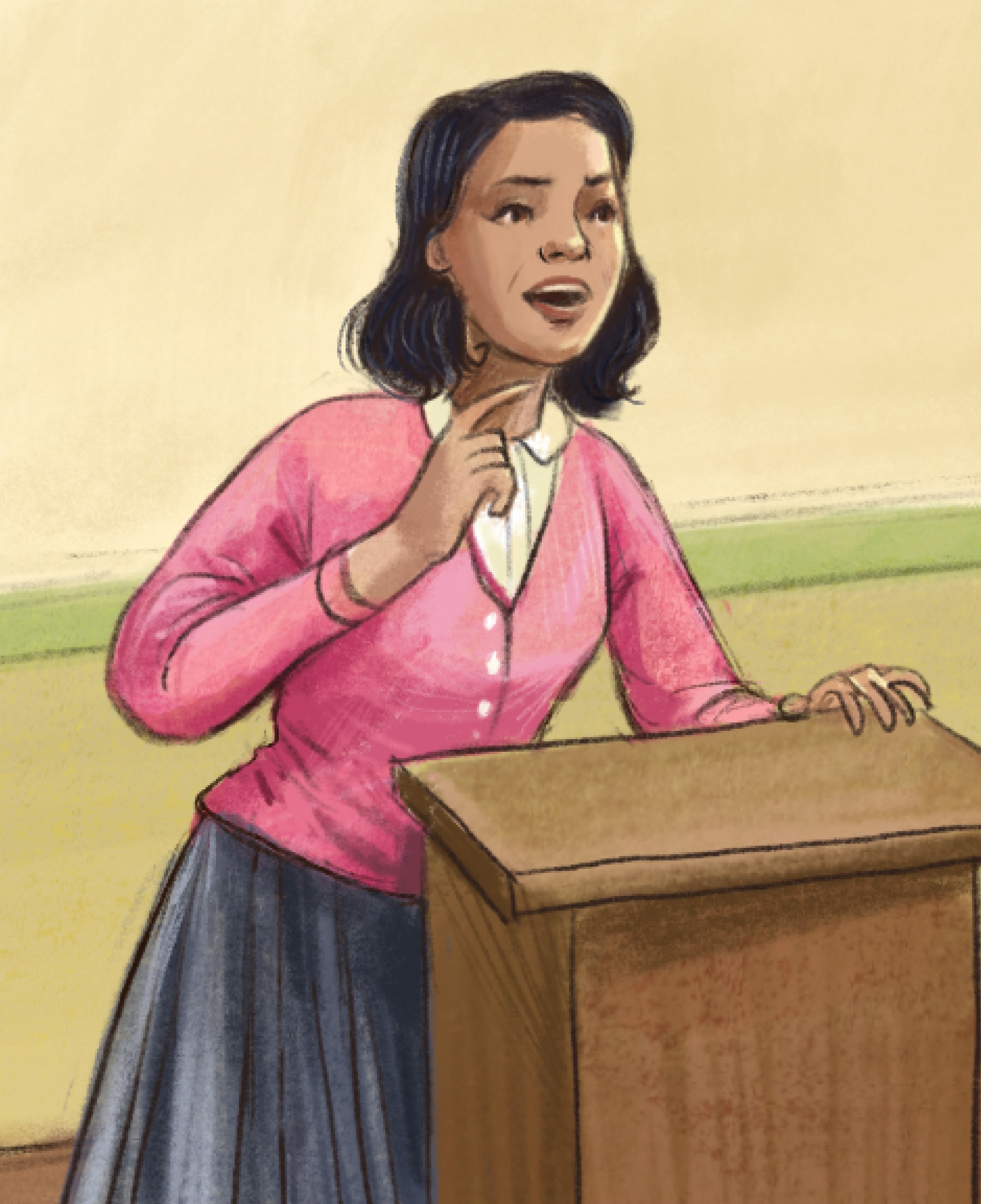 Illustration of Barbara giving her speech